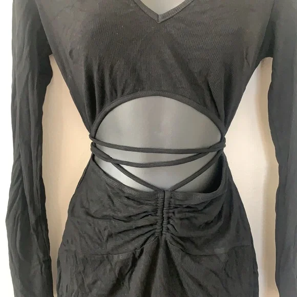 Princess Polly Noa Black Long Sleeve Ribbed Cut Out Criss Cross Tie Mini Dress - Picture 6 of 11